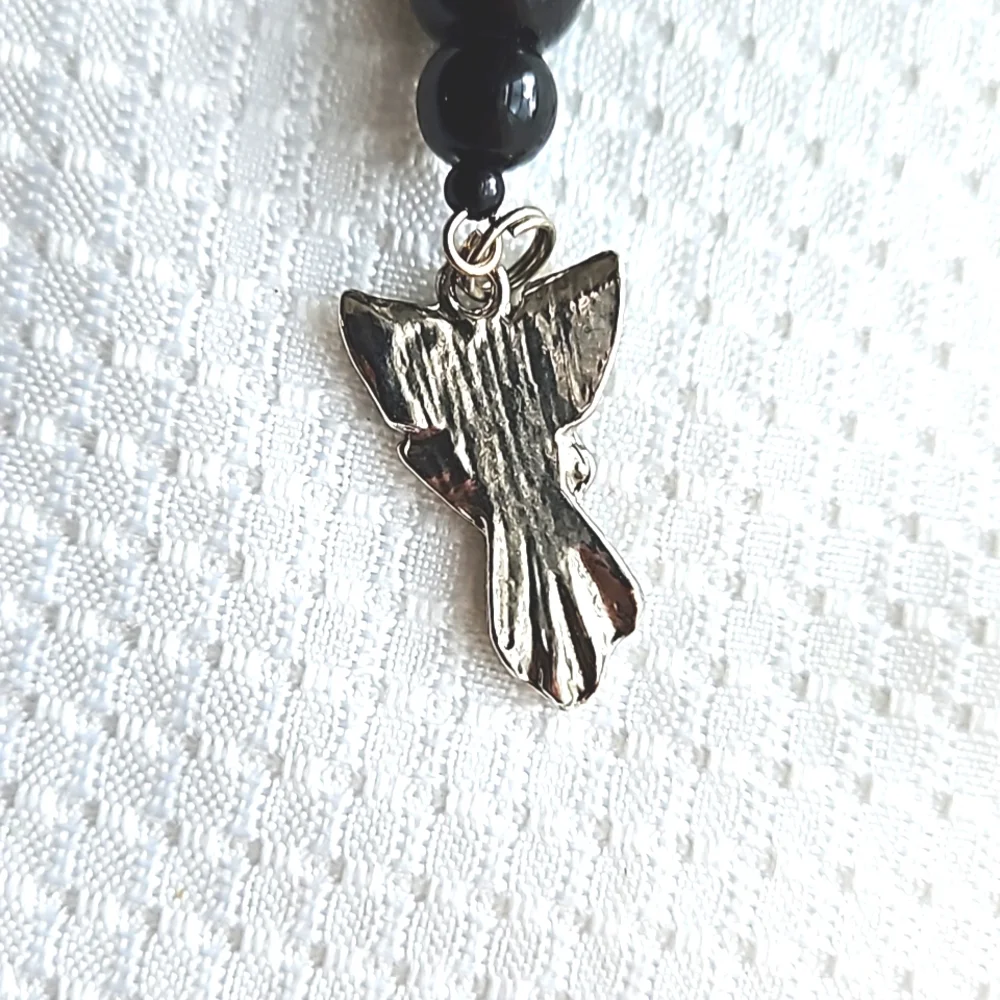 Hand Crafted Silver Angel Black Blue Beaded Keychain